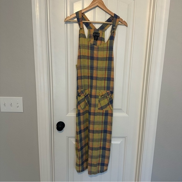 Vintage Overall Dress Plaid 1990s Casual Cotton Linen Summer Fun Size Medium - Picture 3 of 6